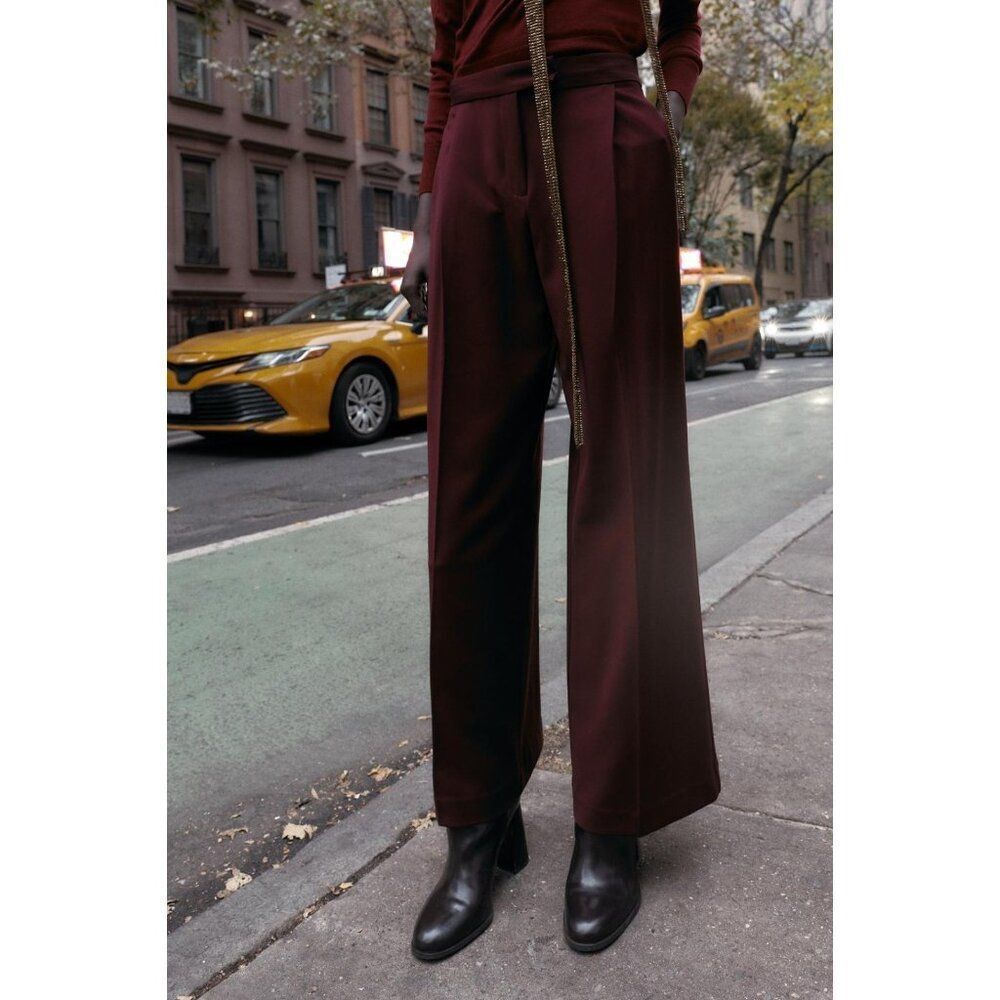 Zara Womens Dress Pants XS Burgundy High Rise Wide Leg Trousers 4387/293 NWT